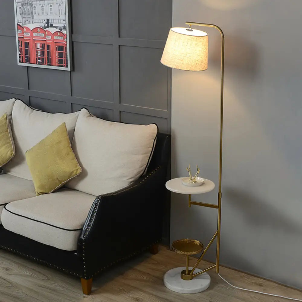 Modern 1-Light Floor Table Lamp: Beige Fabric Shade Gold Curved Arm