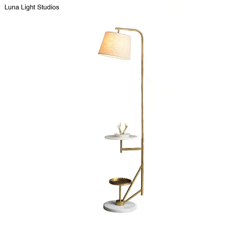 Modern 1-Light Floor Table Lamp: Beige Fabric Shade Gold Curved Arm