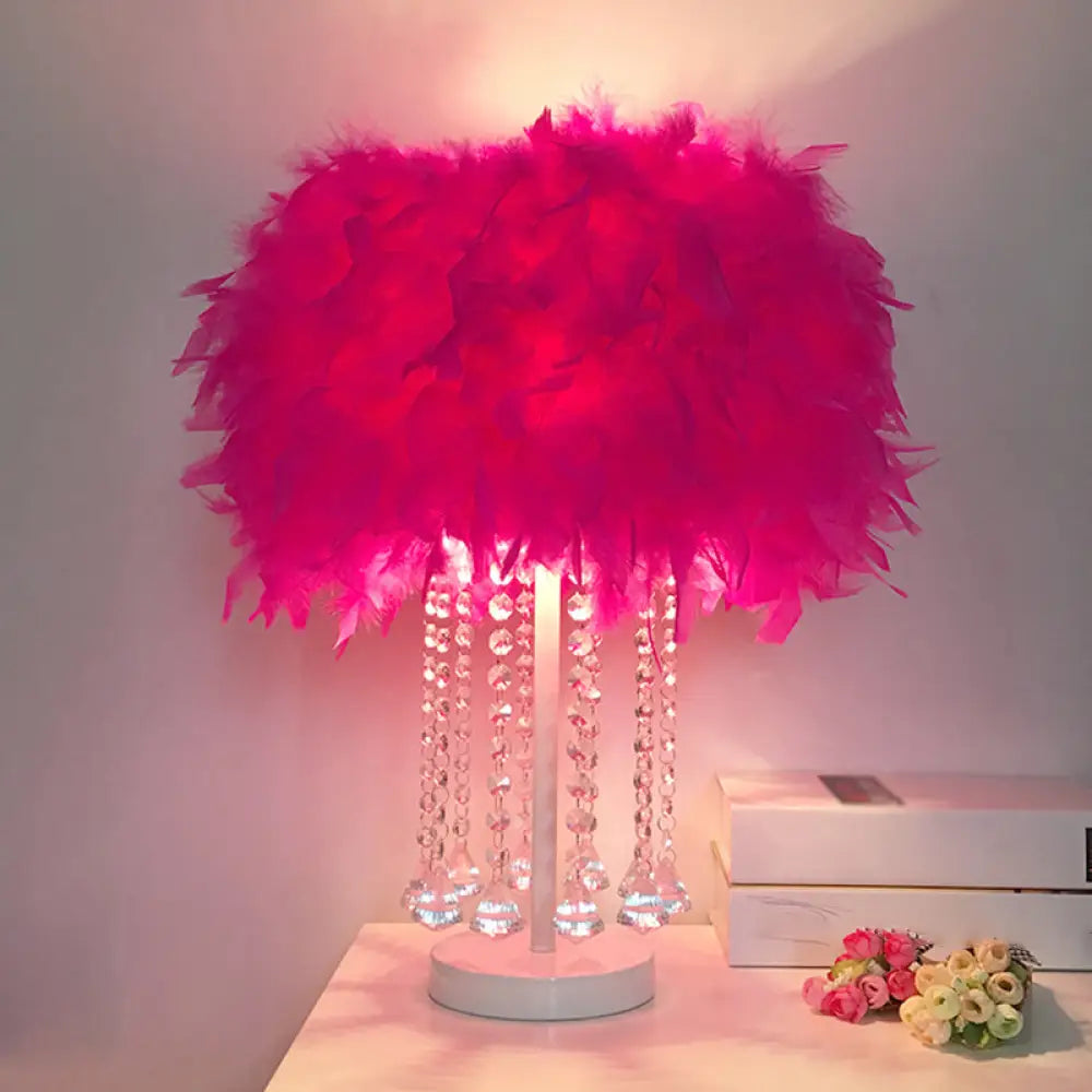 Modern 1-Light Girls Room Night Lamp In Pink/Purple/White With Feather Shade Peach