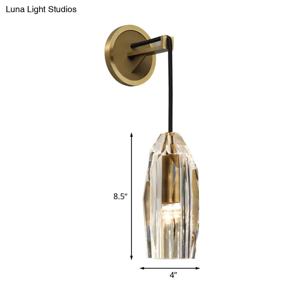 Modern 1-Light Gold Crystal Wall Sconce With Pendant Cord - Hand-Cut Lamp Fixture