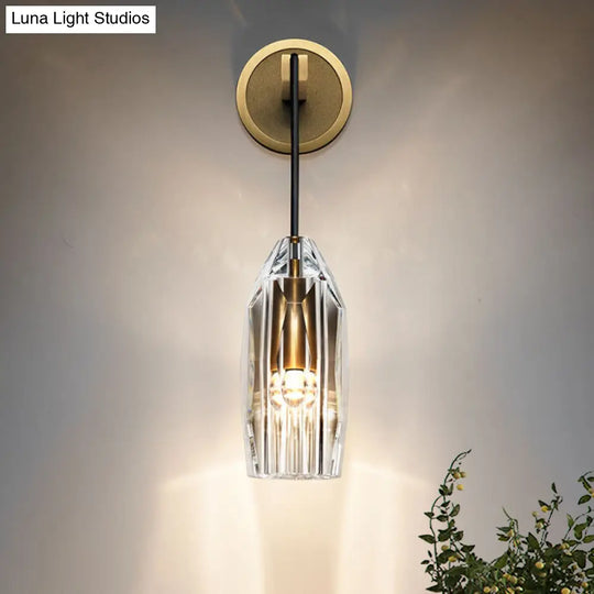 Modern 1-Light Gold Crystal Wall Sconce With Pendant Cord - Hand-Cut Lamp Fixture