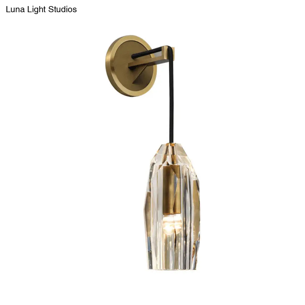 Modern 1-Light Gold Crystal Wall Sconce With Pendant Cord - Hand-Cut Lamp Fixture