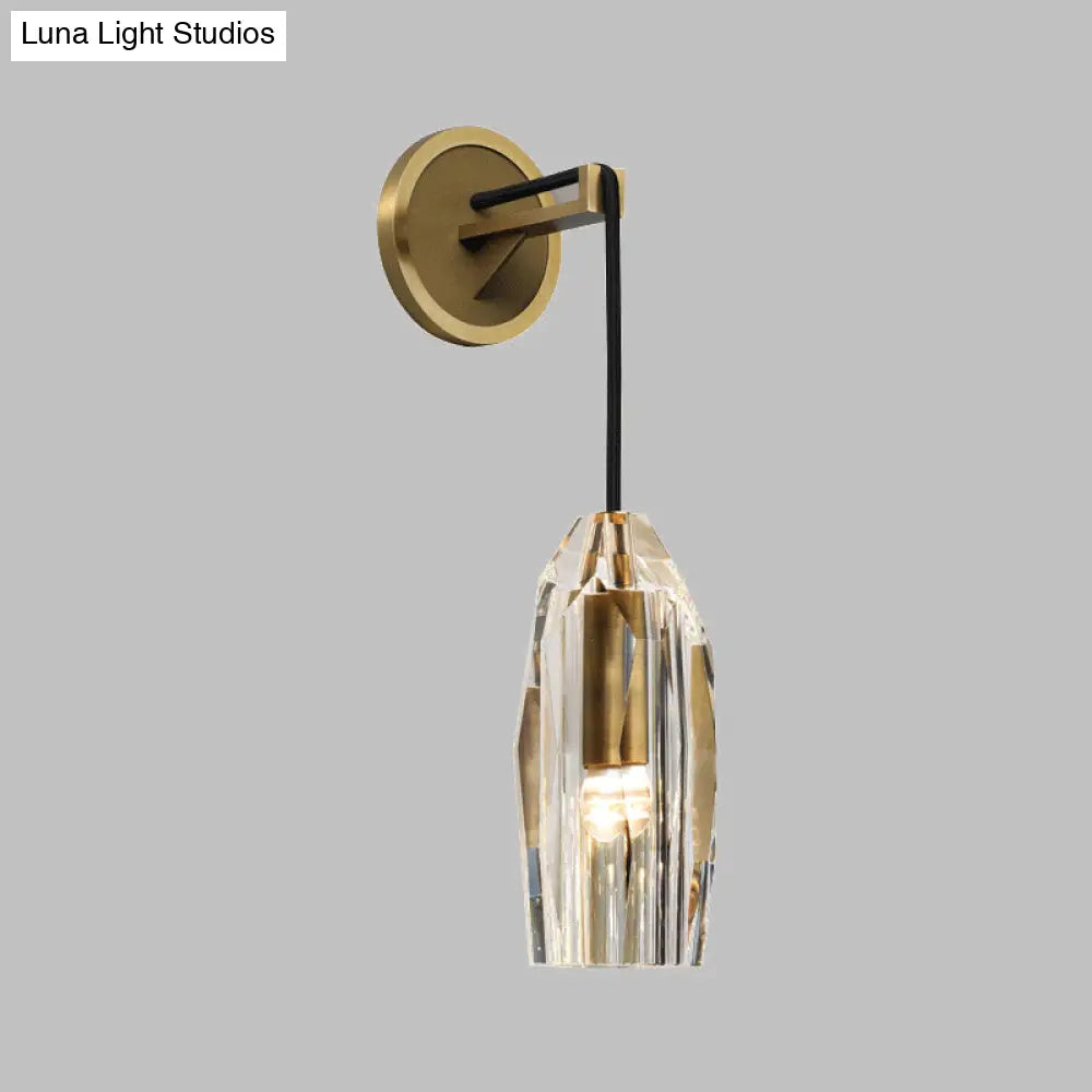 Modern 1-Light Gold Crystal Wall Sconce With Pendant Cord - Hand-Cut Lamp Fixture