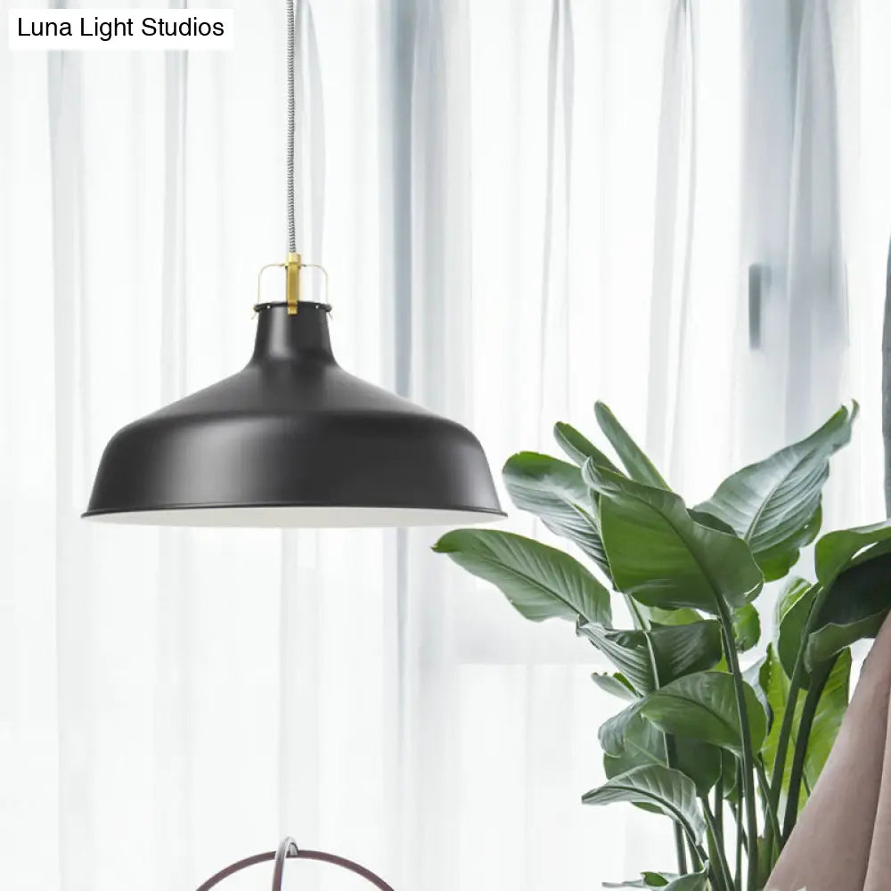 Modern 1-Light Metallic Pendant Lamp With Black/White Barn Shade - Stylish Dining Room Hanging