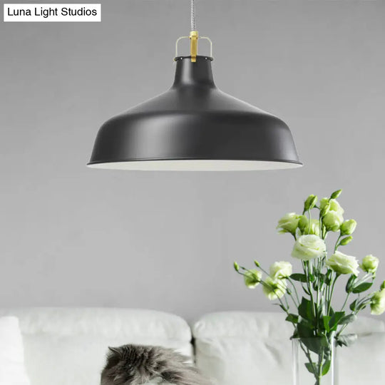 Modern 1-Light Metallic Pendant Lamp With Black/White Barn Shade - Stylish Dining Room Hanging