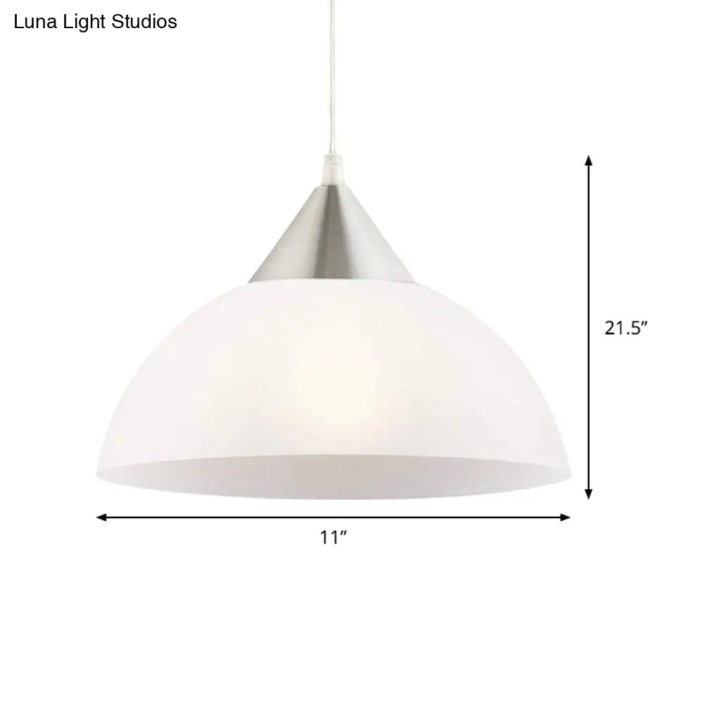 Modern 1-Light Pendant: White Glass Shade Nickel Dome Ceiling Suspension Light