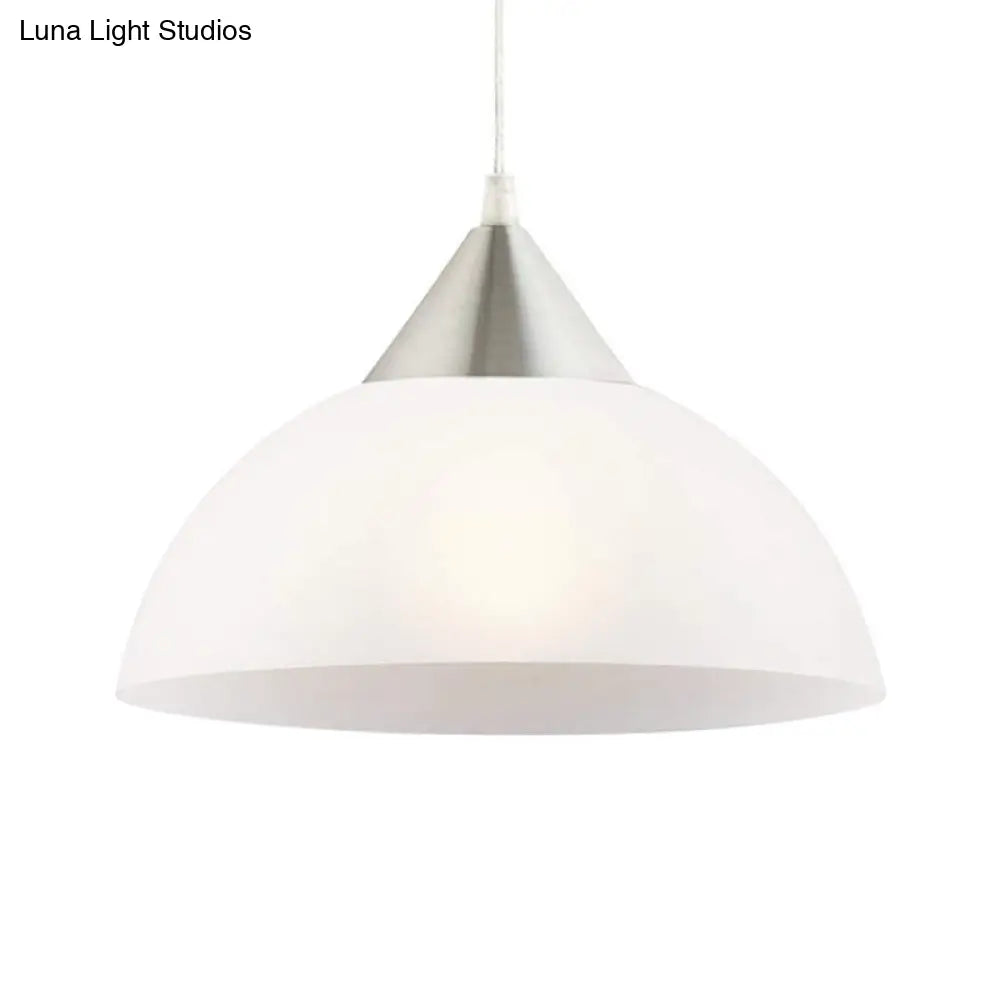 Modern 1-Light Pendant: White Glass Shade Nickel Dome Ceiling Suspension Light