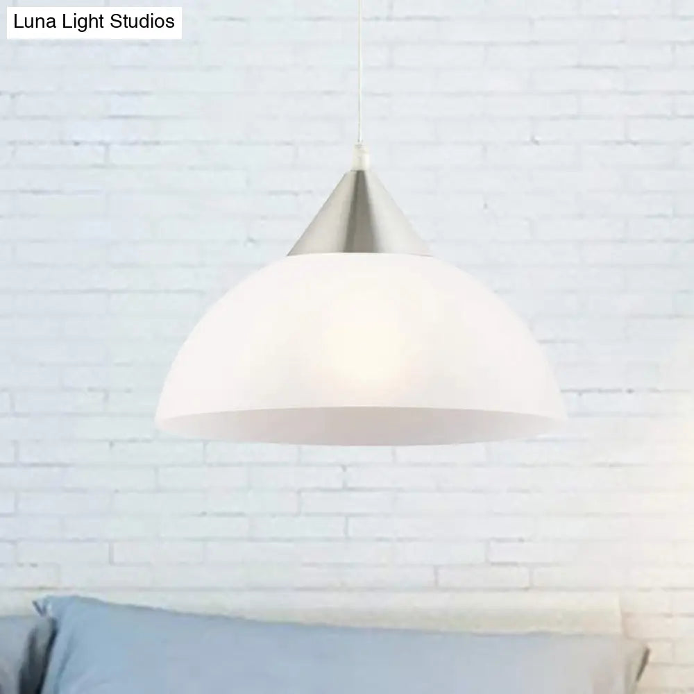 Modern 1-Light Pendant: White Glass Shade Nickel Dome Ceiling Suspension Light