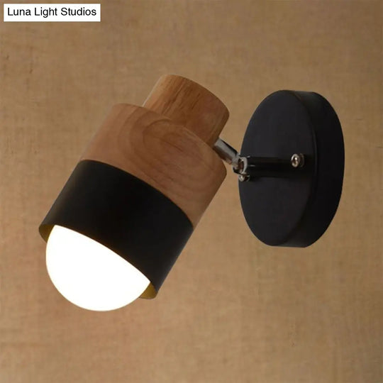 Modern 1-Light Rotatable Metal & Wood Wall Sconce In Black/White