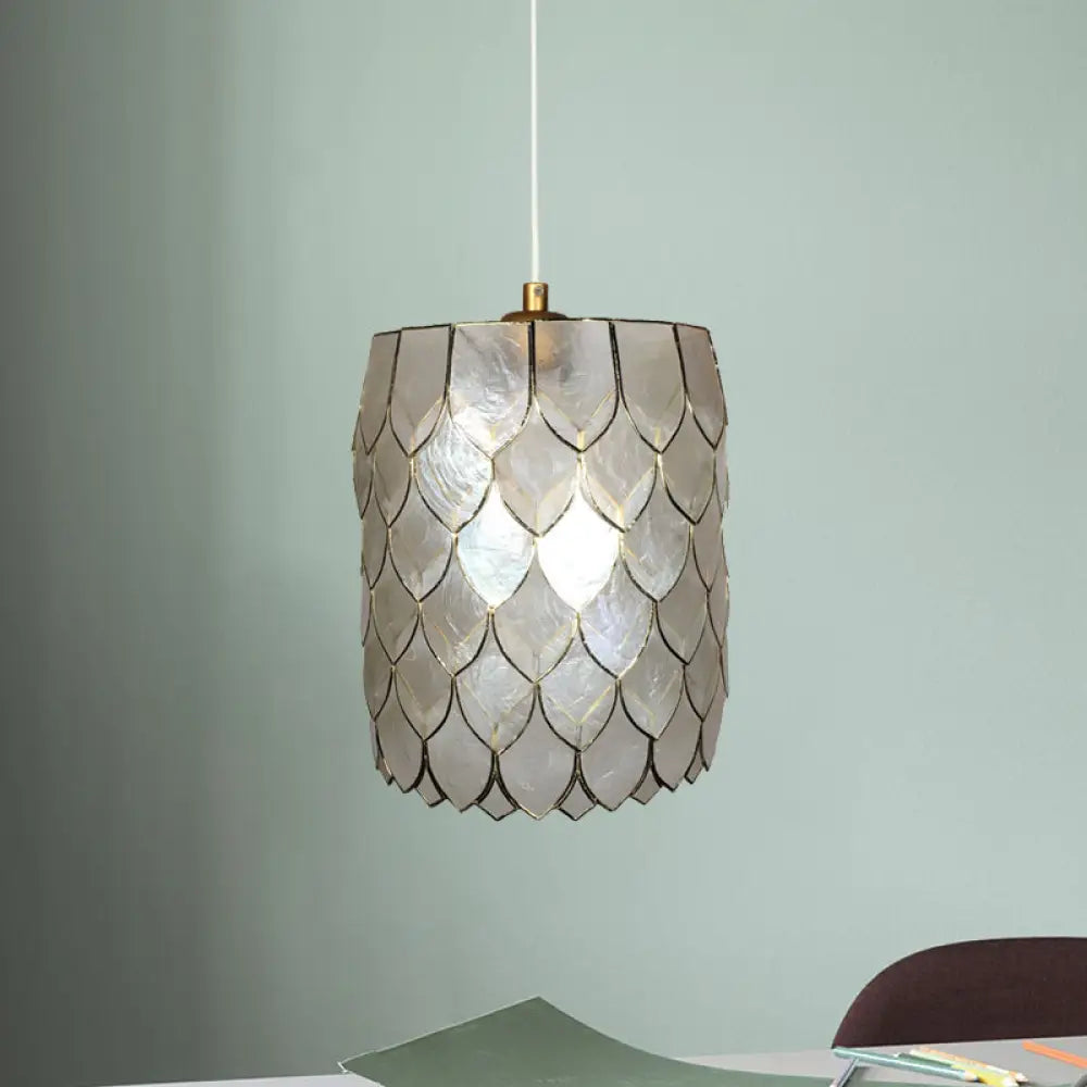 Modern 1-Light Silver Shell Pendant Lamp With Scale Design - Hanging Cylinder Lighting