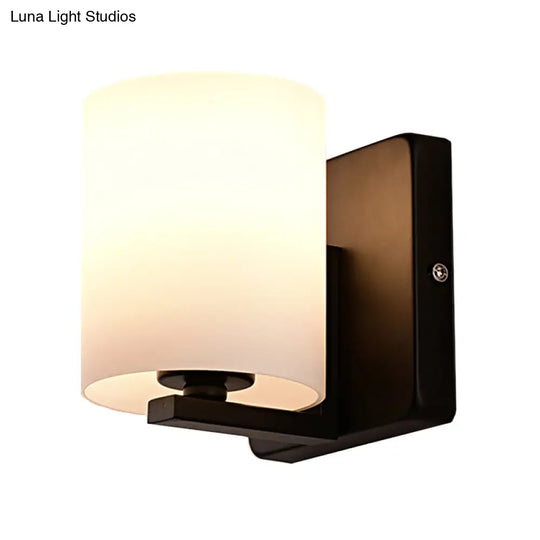 Modern 1-Light White Shade Sconce With Black Base Milk Glass Wall For Living Room