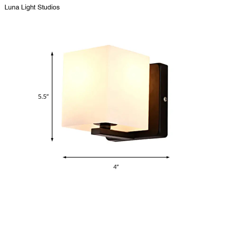 Modern 1-Light White Shade Sconce With Black Base Milk Glass Wall For Living Room