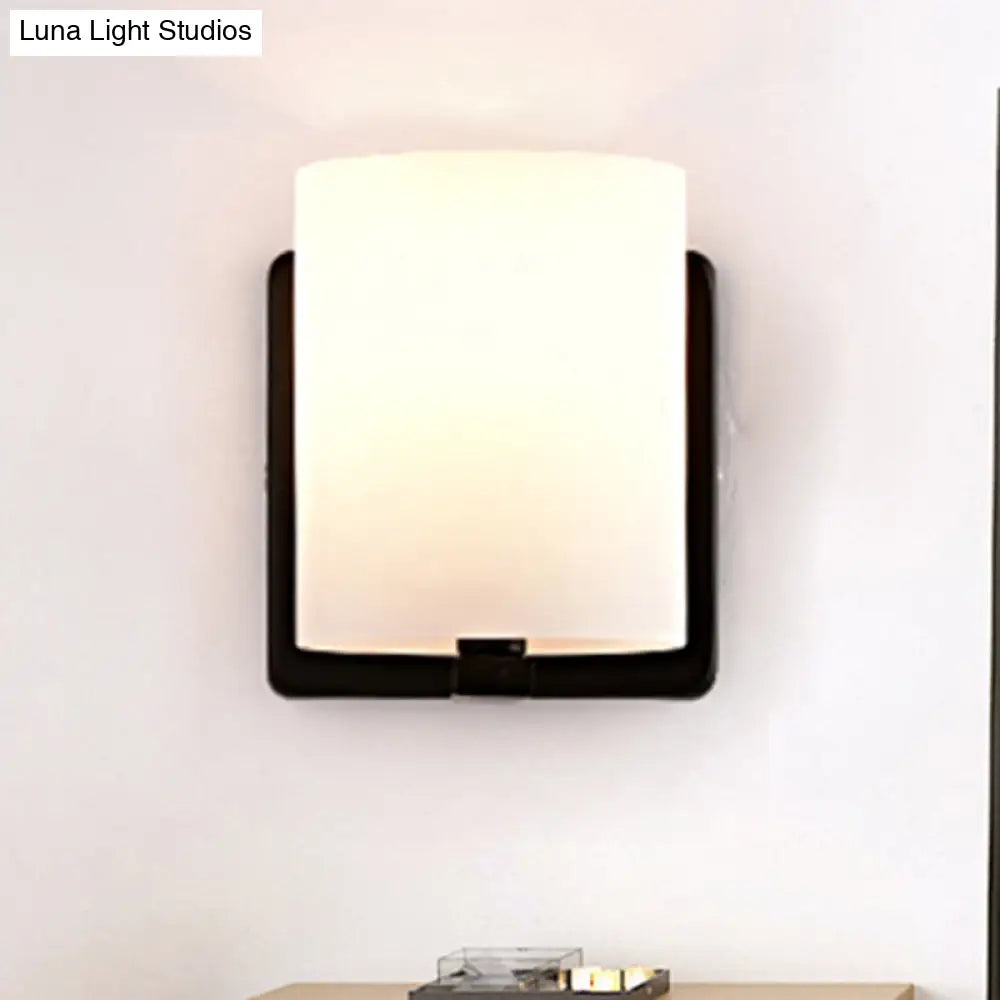 Modern 1-Light White Shade Sconce With Black Base Milk Glass Wall For Living Room