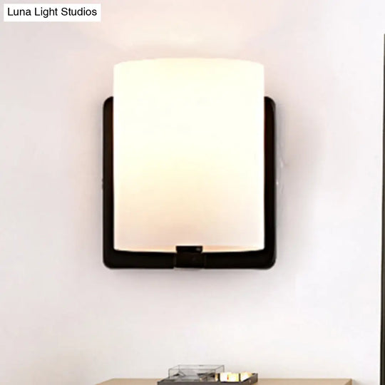 Modern 1-Light White Shade Sconce With Black Base Milk Glass Wall For Living Room