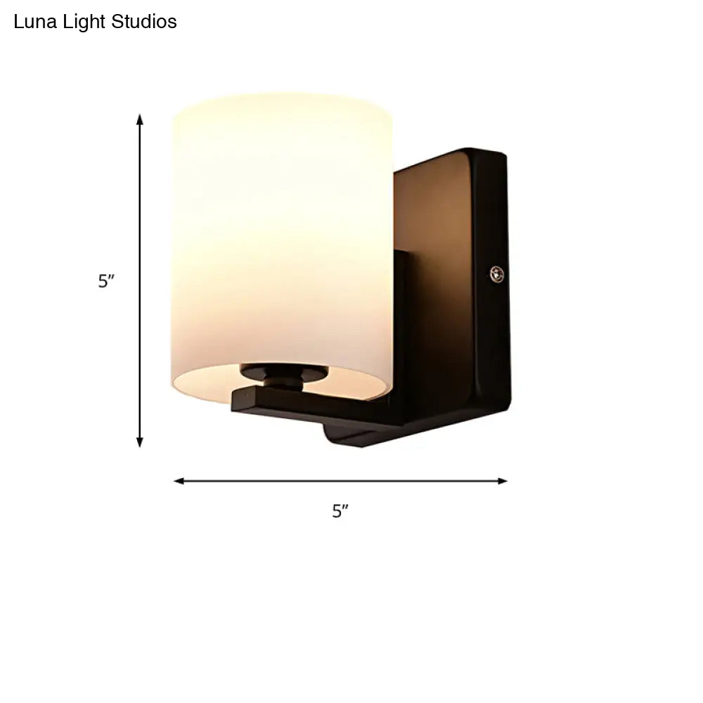 Modern 1-Light White Shade Sconce With Black Base Milk Glass Wall For Living Room