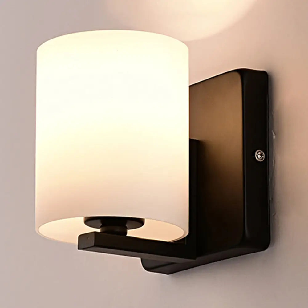 Modern 1-Light White Shade Sconce With Black Base Milk Glass Wall For Living Room / B