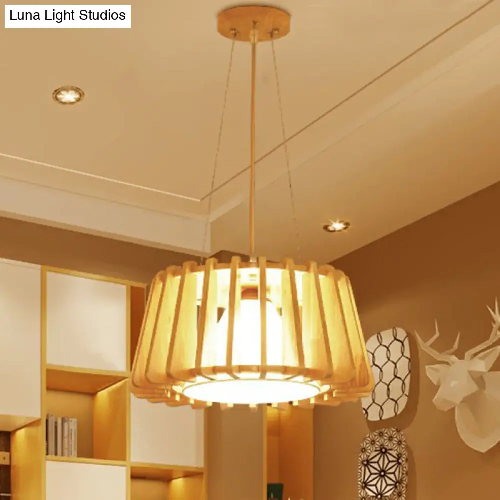 Modern 1-Light Wooden Drum Pendant Lamp With Inner Fabric Shade