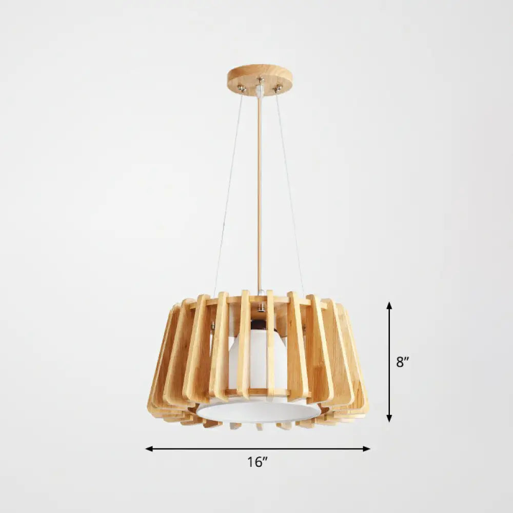 Modern 1-Light Wooden Drum Pendant Lamp With Inner Fabric Shade Wood