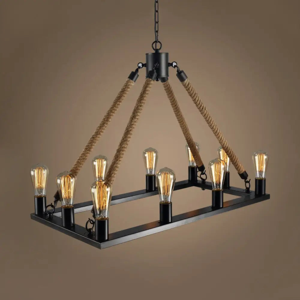 Modern 10/14 Lights Rectangle Hanging Lamp - Loft Style Black Metallic With Rope Island Lighting 10