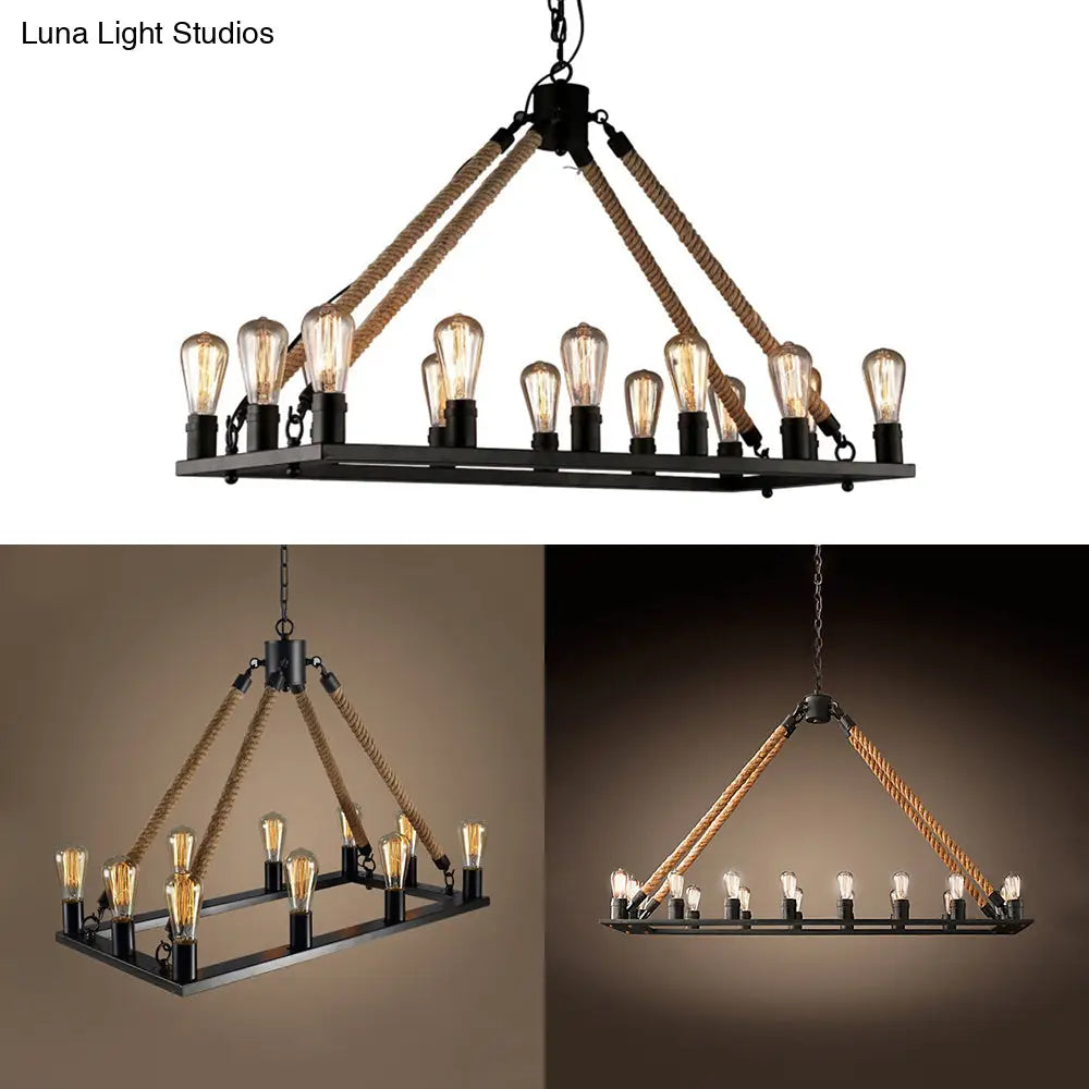 Modern 10/14 Lights Rectangle Hanging Lamp - Loft Style Black Metallic With Rope Island Lighting