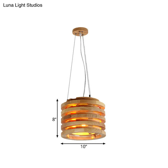 Contemporary Wooden Cylindrical Hanging Light - 10/16 Wide Natural Wood Ideal For Living Room