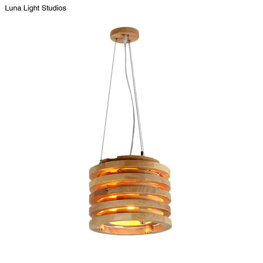 Contemporary Wooden Cylindrical Hanging Light - 10/16 Wide Natural Wood Ideal For Living Room