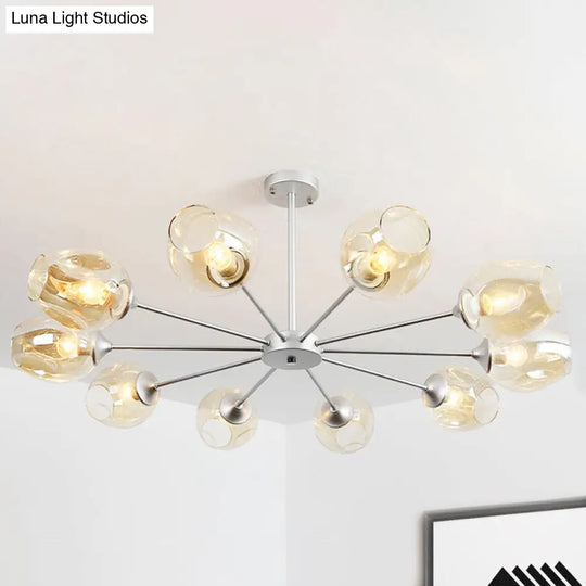 Modern 10-Bulb Silver Cup Pendant Chandelier With Amber Glass Shade