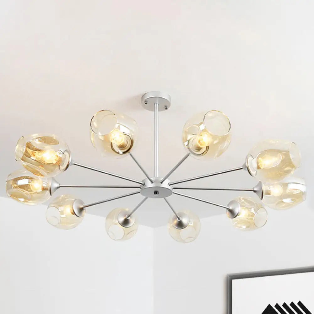 Modern 10-Bulb Chandelier Pendant Light With Amber Glass Shade - Silver Cup Design