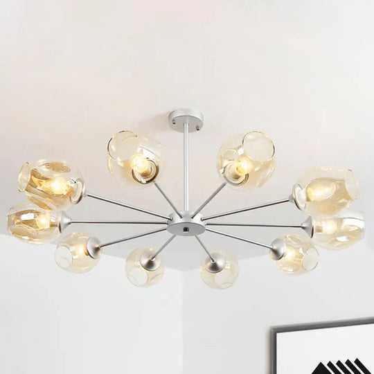 Modern 10-Bulb Chandelier Pendant Light With Amber Glass Shade - Silver Cup Design