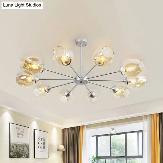 Modern 10-Bulb Chandelier Pendant Light With Amber Glass Shade - Silver Cup Design