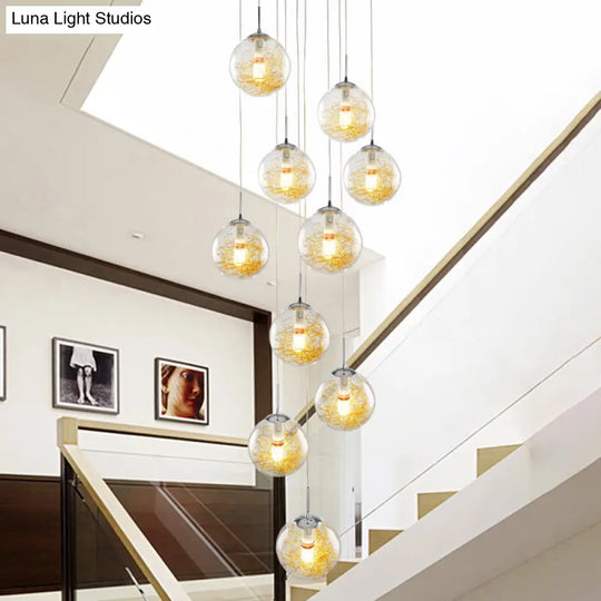 Modern 10-Head Multi-Light Pendant With Clear Glass Sphere Shade - Silver