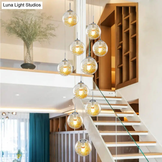 Modern 10-Head Multi-Light Pendant With Clear Glass Sphere Shade - Silver