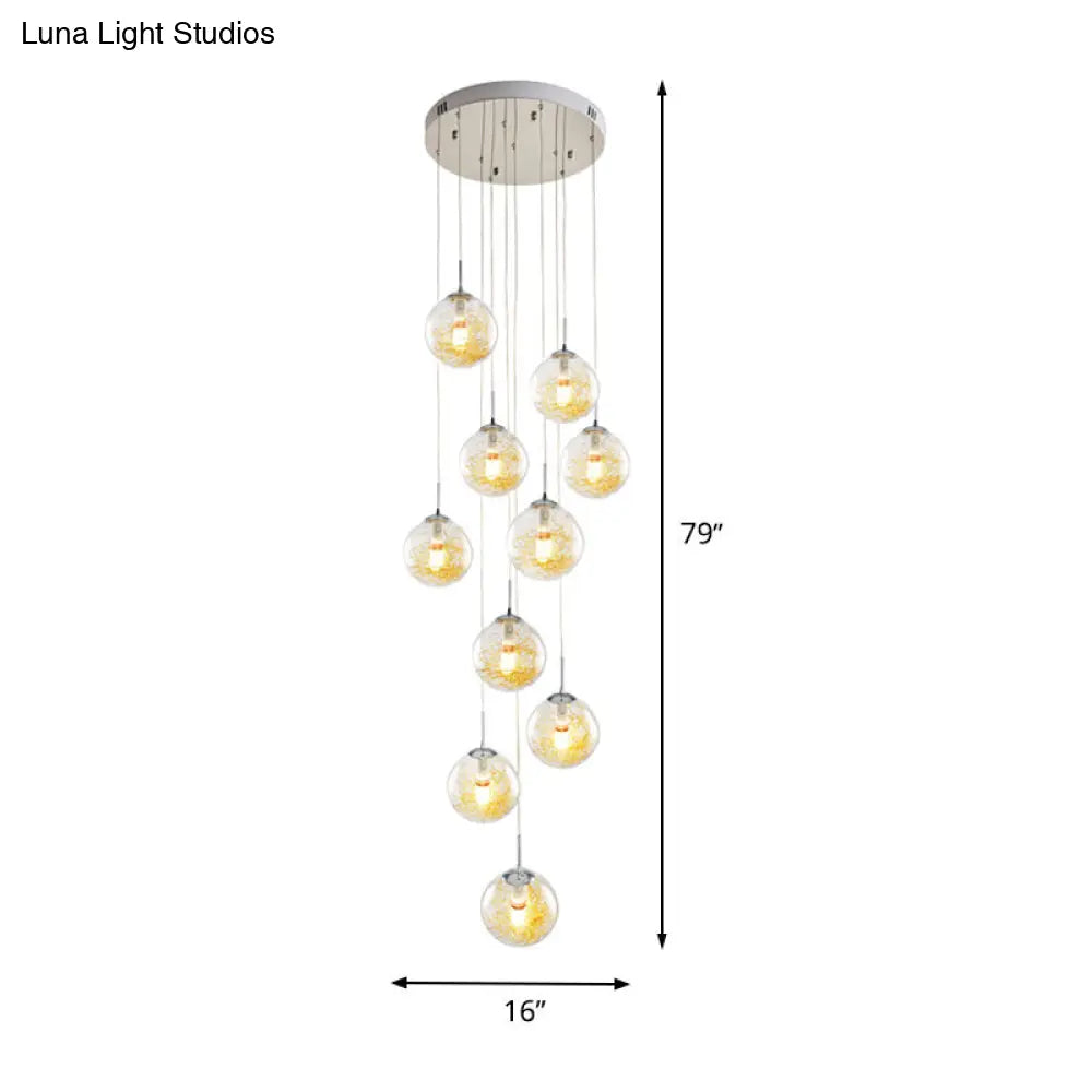 Modern 10-Head Multi-Light Pendant With Clear Glass Sphere Shade - Silver