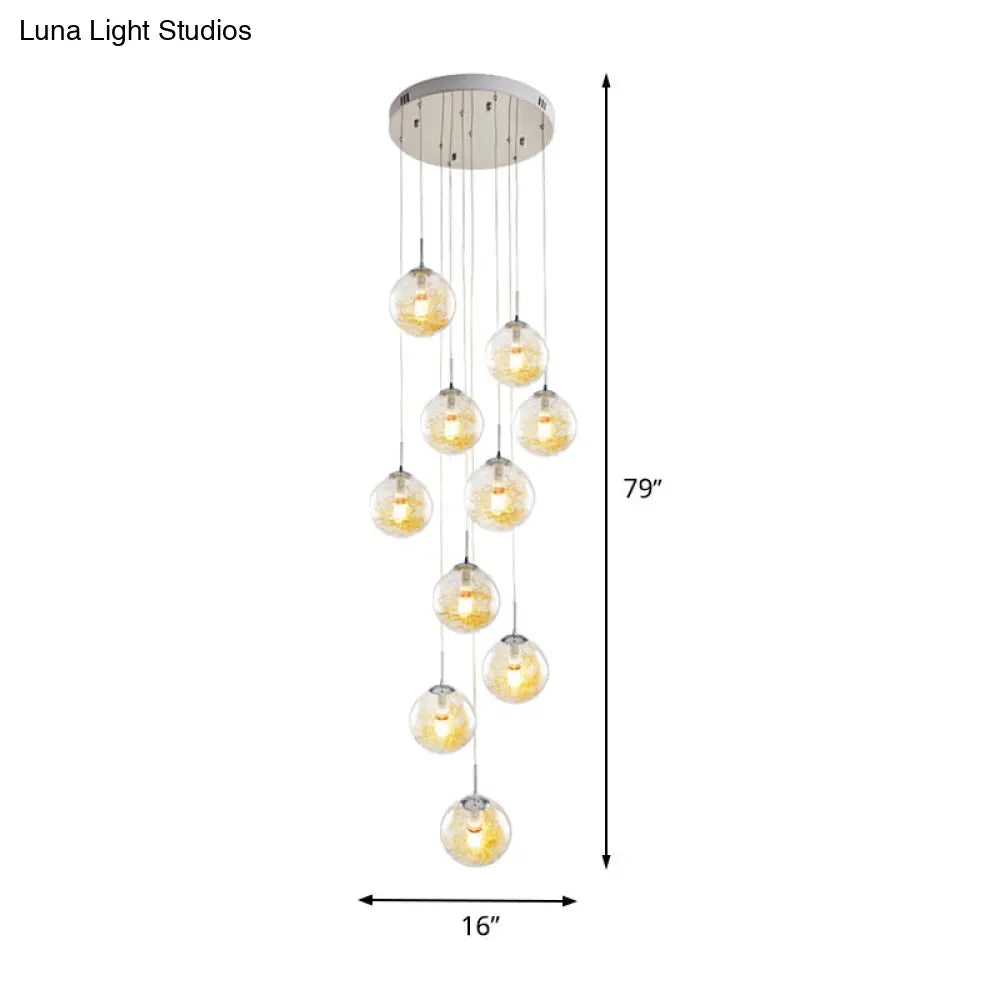 Modern 10-Head Silver Pendant Lamp With Clear Glass Sphere Shades - Ideal For Stairs And Suspension