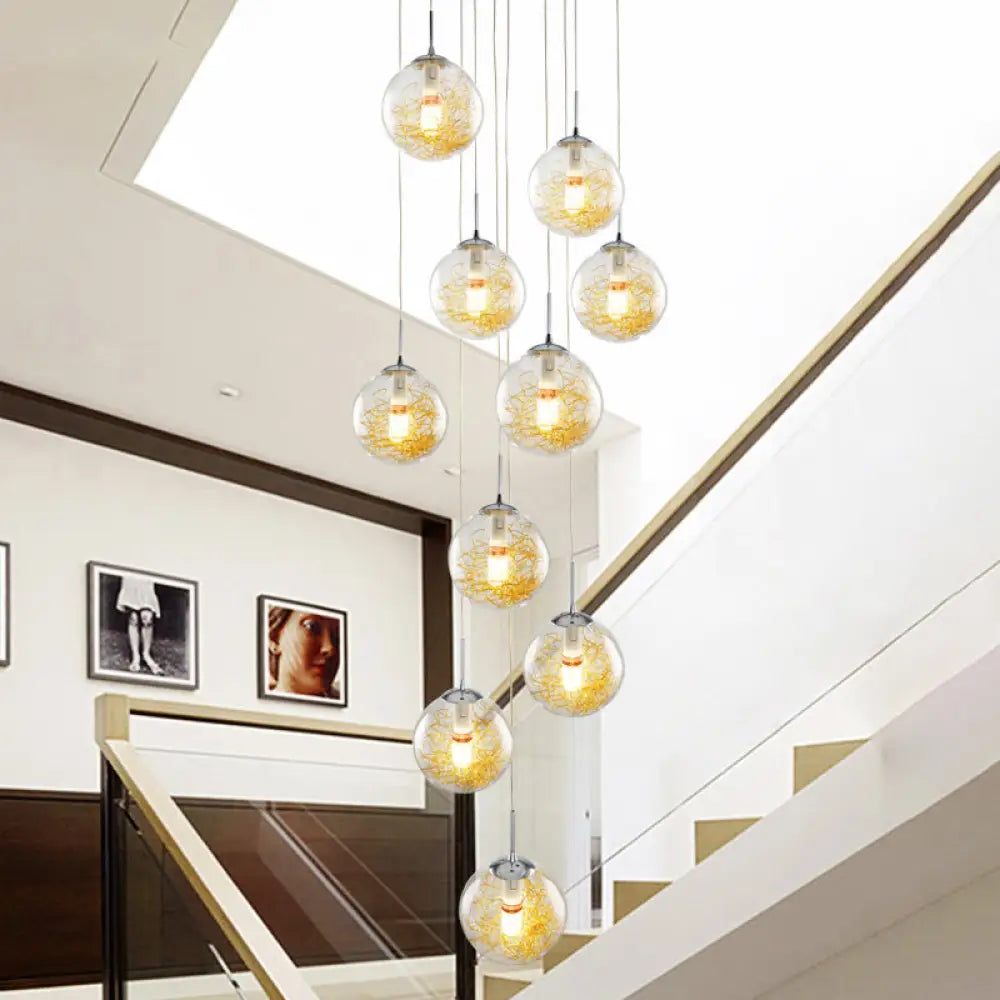 Modern 10-Head Silver Pendant Lamp With Clear Glass Sphere Shades - Ideal For Stairs And Suspension