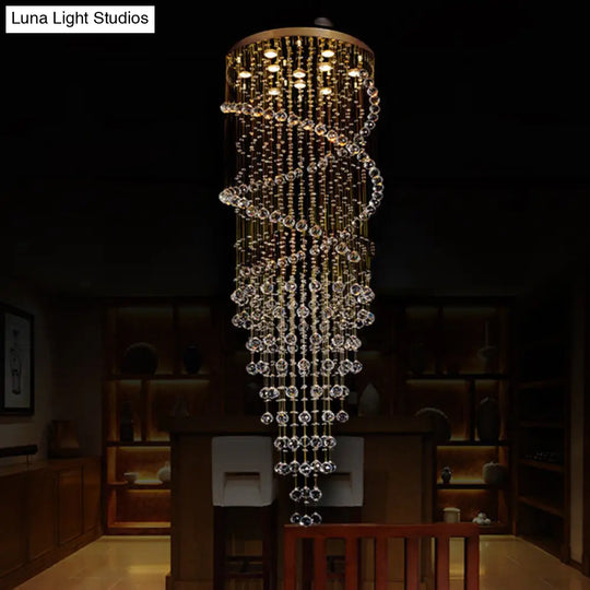 Modern Brass Clear Crystal Led Pendant Lamp With 10-Head Spiral Cascades