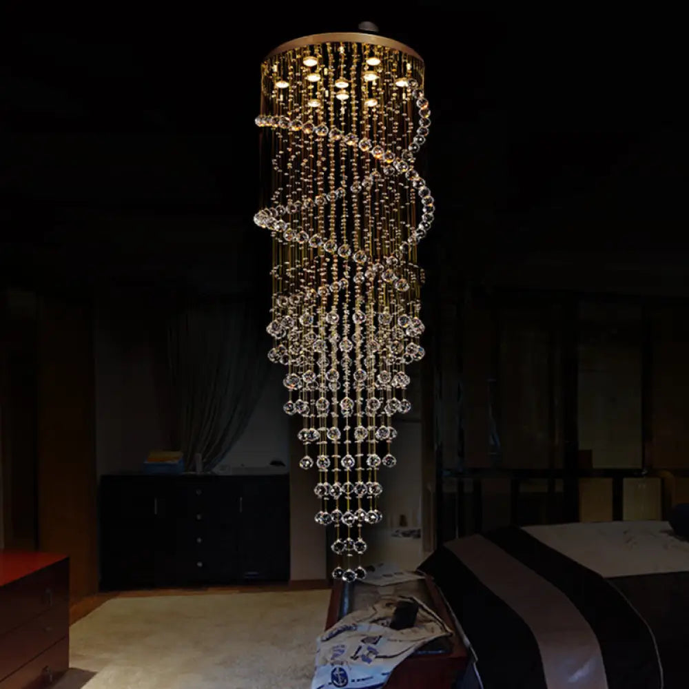 Modern 10-Head Spiral Hanging Lamp With Brass Finish Clear Crystals And Led Lights