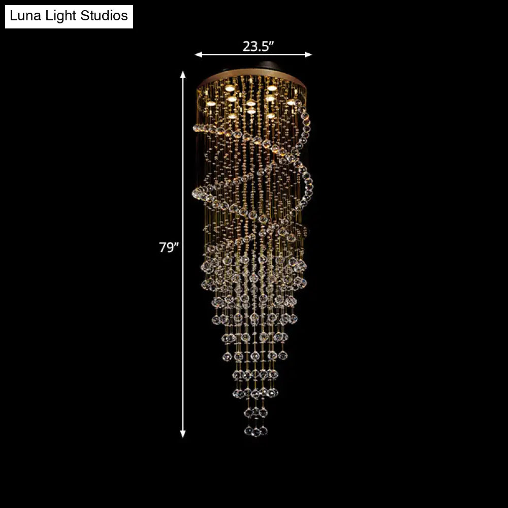 Modern 10-Head Spiral Hanging Lamp With Brass Finish Clear Crystals And Led Lights