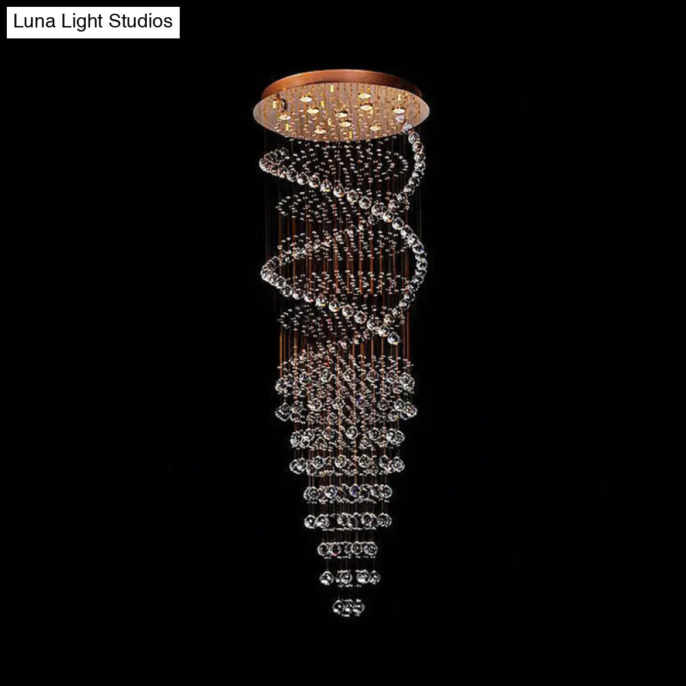 Modern 10-Head Spiral Hanging Lamp With Brass Finish Clear Crystals And Led Lights