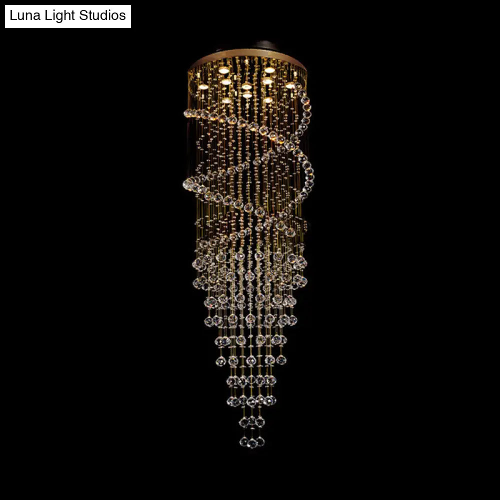 Modern Brass Clear Crystal Led Pendant Lamp With 10-Head Spiral Cascades