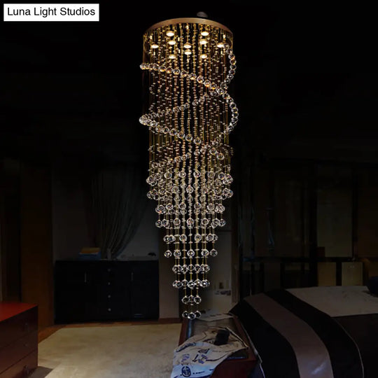 Modern Brass Clear Crystal Led Pendant Lamp With 10-Head Spiral Cascades