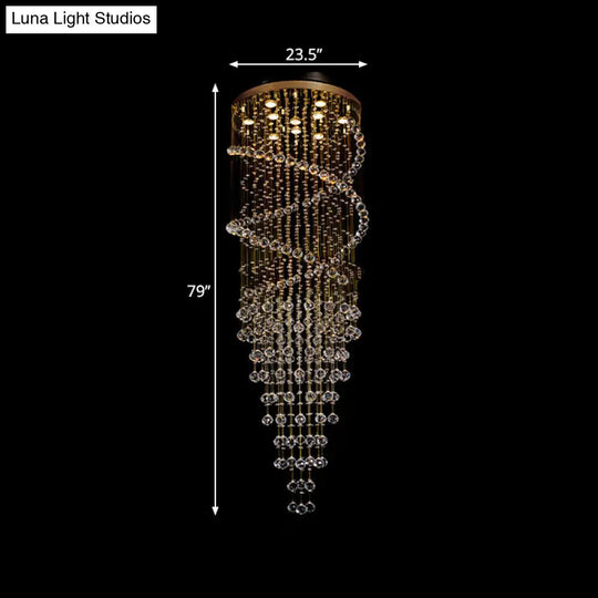 Modern Brass Clear Crystal Led Pendant Lamp With 10-Head Spiral Cascades