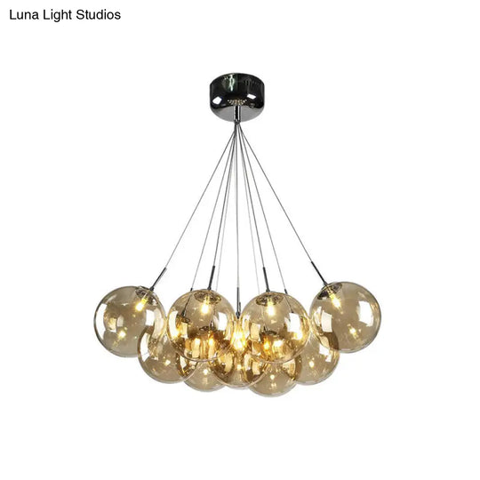 Modern Chrome Led Ceiling Lamp With Bubble Amber Glass Shade - 10-Light Multi Pendant For Living