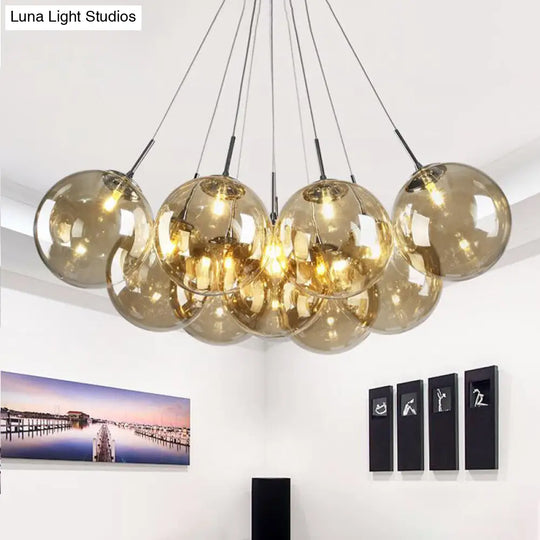 Modern Chrome Led Ceiling Lamp With Bubble Amber Glass Shade - 10-Light Multi Pendant For Living