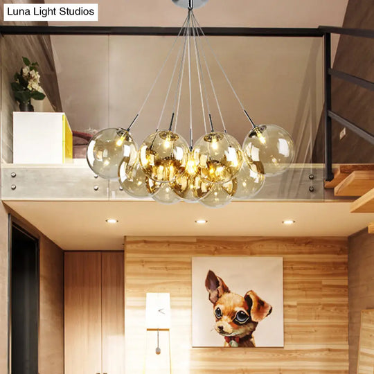 Modern Chrome Led Ceiling Lamp With Bubble Amber Glass Shade - 10-Light Multi Pendant For Living