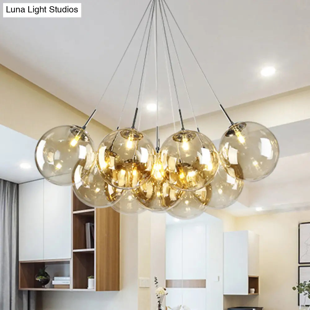 Modern Chrome Led Ceiling Lamp With Bubble Amber Glass Shade - 10-Light Multi Pendant For Living