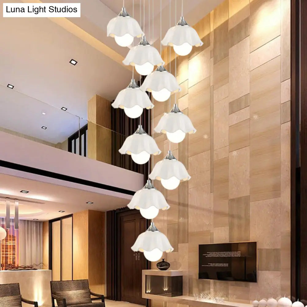 Contemporary White Glass Scalloped Pendant Lights - 10-Light Multi Lamp For Living Room