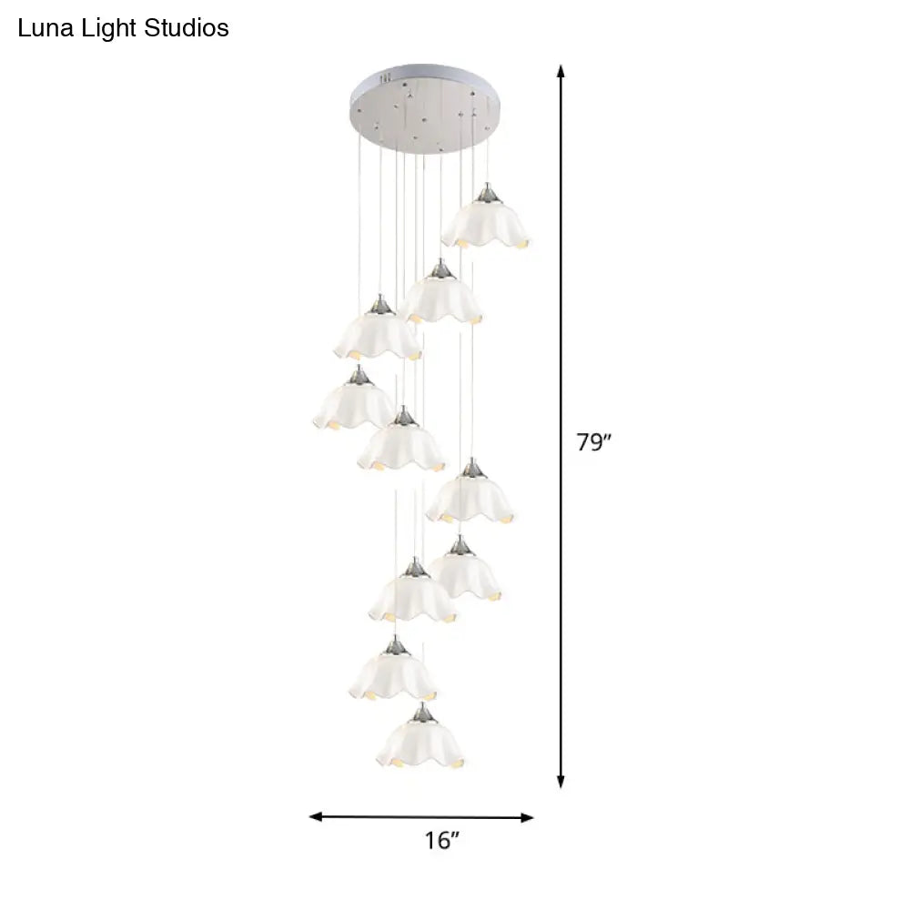 Modern 10-Light White Glass Scalloped Pendant Light For Living Room