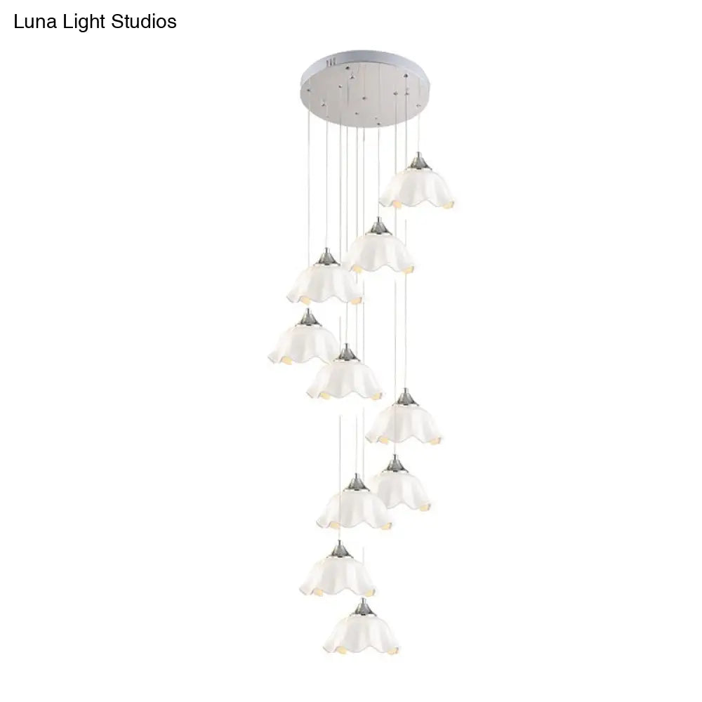 Contemporary White Glass Scalloped Pendant Lights - 10-Light Multi Lamp For Living Room