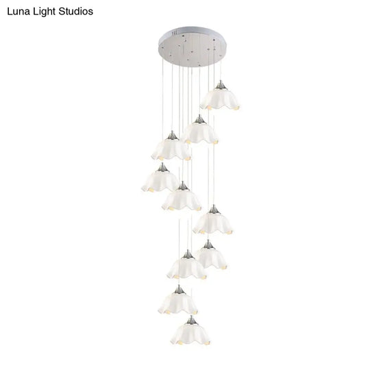 Contemporary White Glass Scalloped Pendant Lights - 10-Light Multi Lamp For Living Room